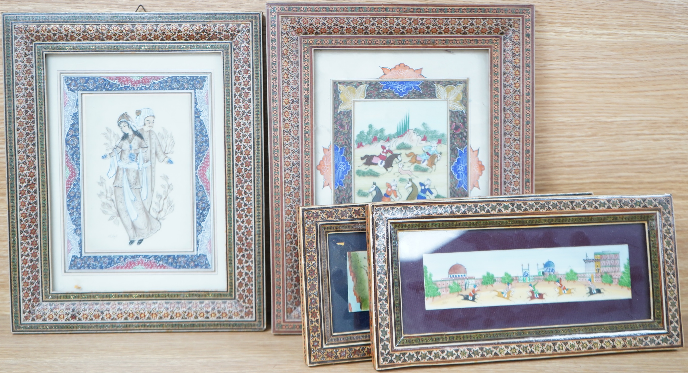 Four Indian school watercolours, Figures on horseback, housed in vizagapatam frames, largest 23 x 17cm